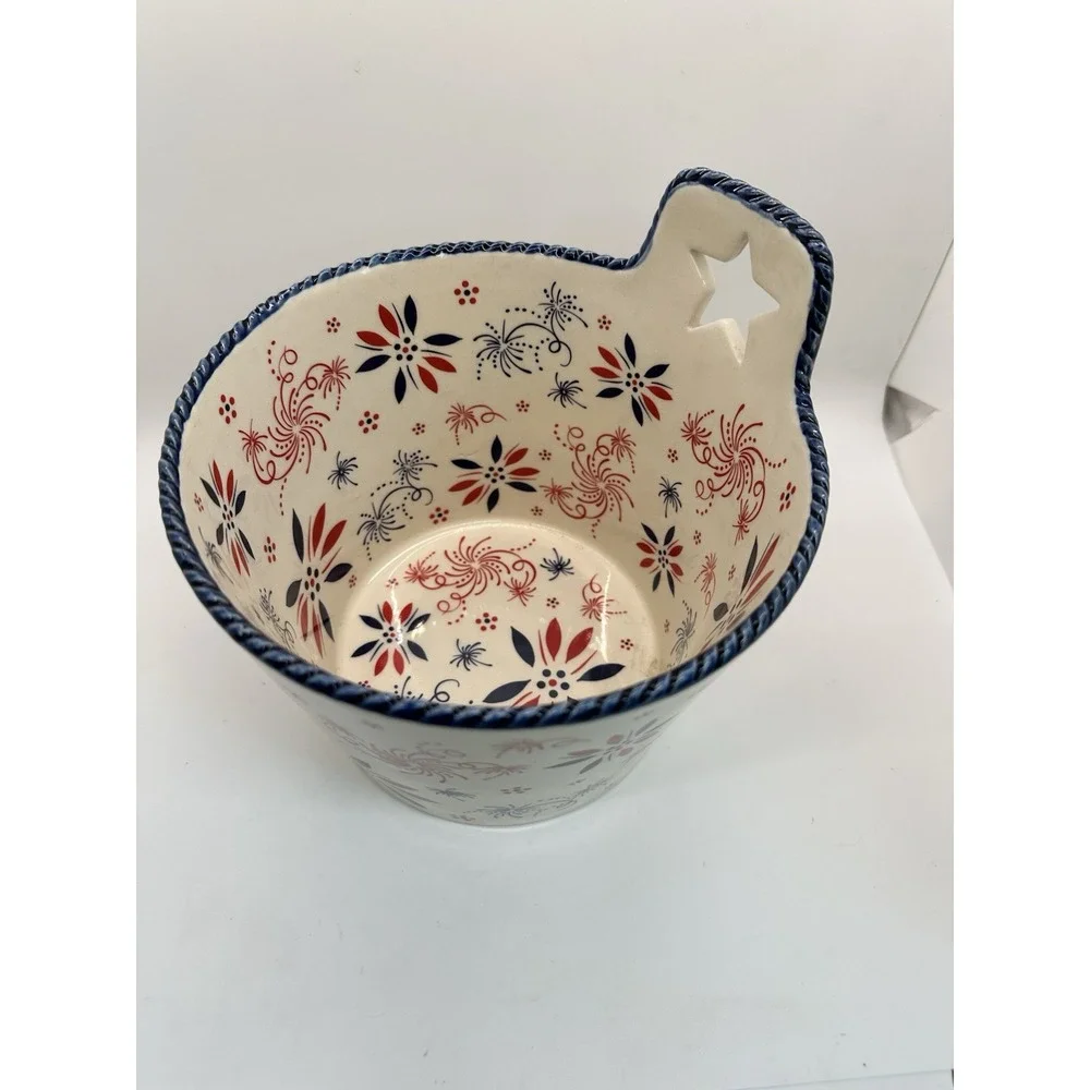 Temp-Tations 2 qt Mixing Bowl FIREWORK Patriotic Red White Blue July 4th Ceramic